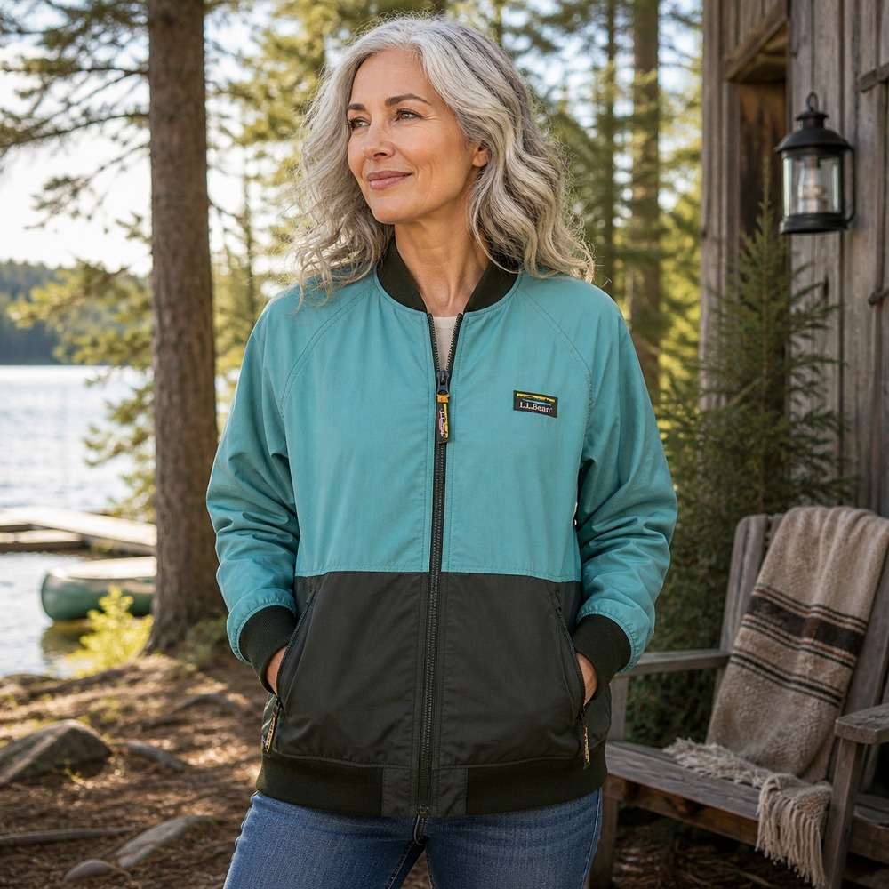 LL Bean Womens Colorblock Bomber Jacket Sz L Green Outdoor‎ Hike Camp Trail